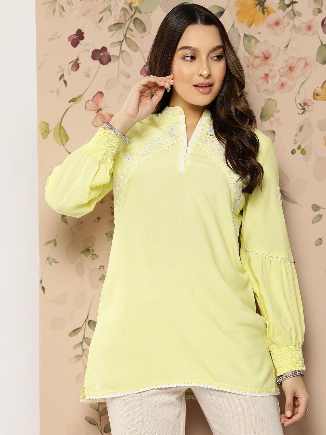Nayam By Lakshita Floral Mandarin Collar Puff Sleeves Longline Top