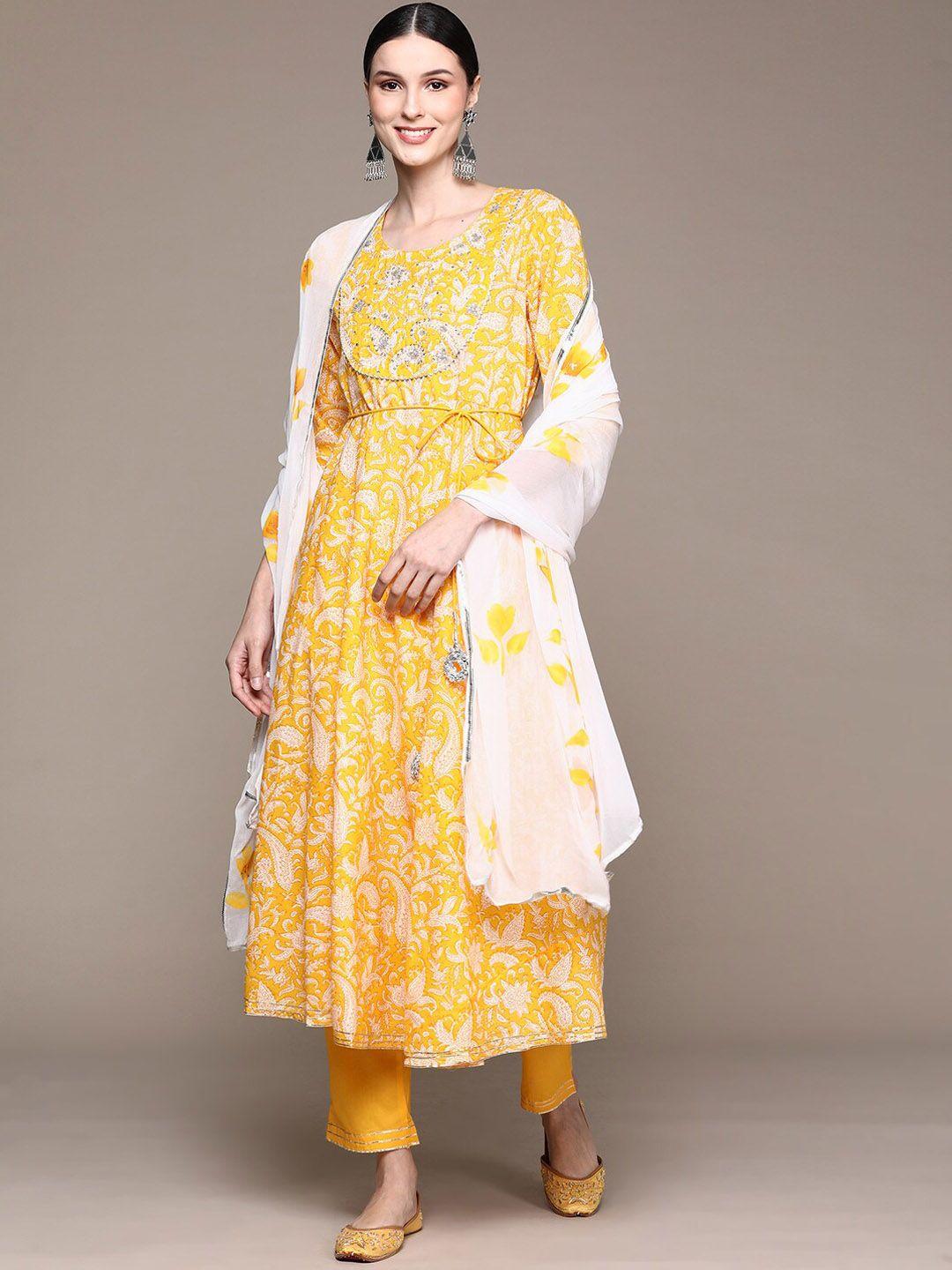 Ishin Floral Embroidered Pure Cotton Kurta with Trousers & With Dupatta