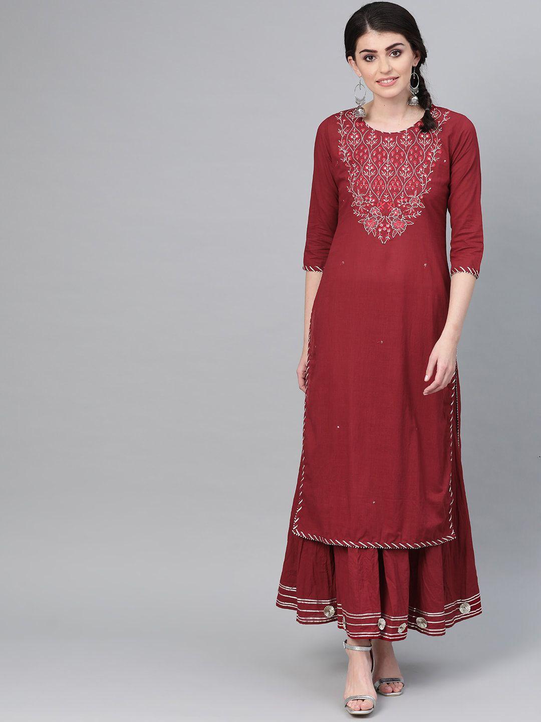 ishin-women-floral-embroidered-pure-cotton-kurta-with-sharara