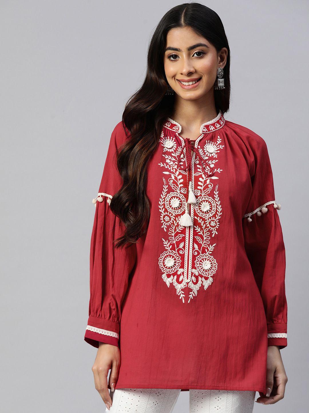 Nayam By Lakshita Mandarin Collar Puff Sleeves Embroidered Tunic