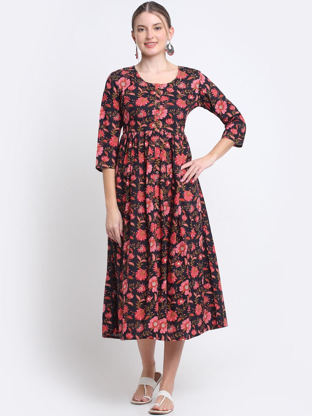 KALINI Floral Printed Cotton Midi Fit & Flare Dress