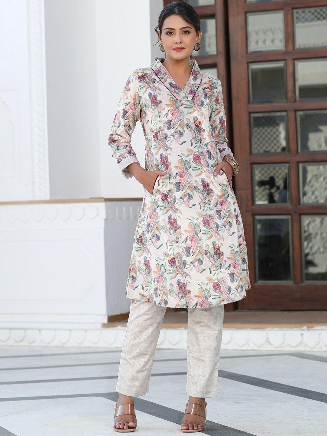 Jaipur Kurti Floral Printed Sequinned Kurta with Trousers