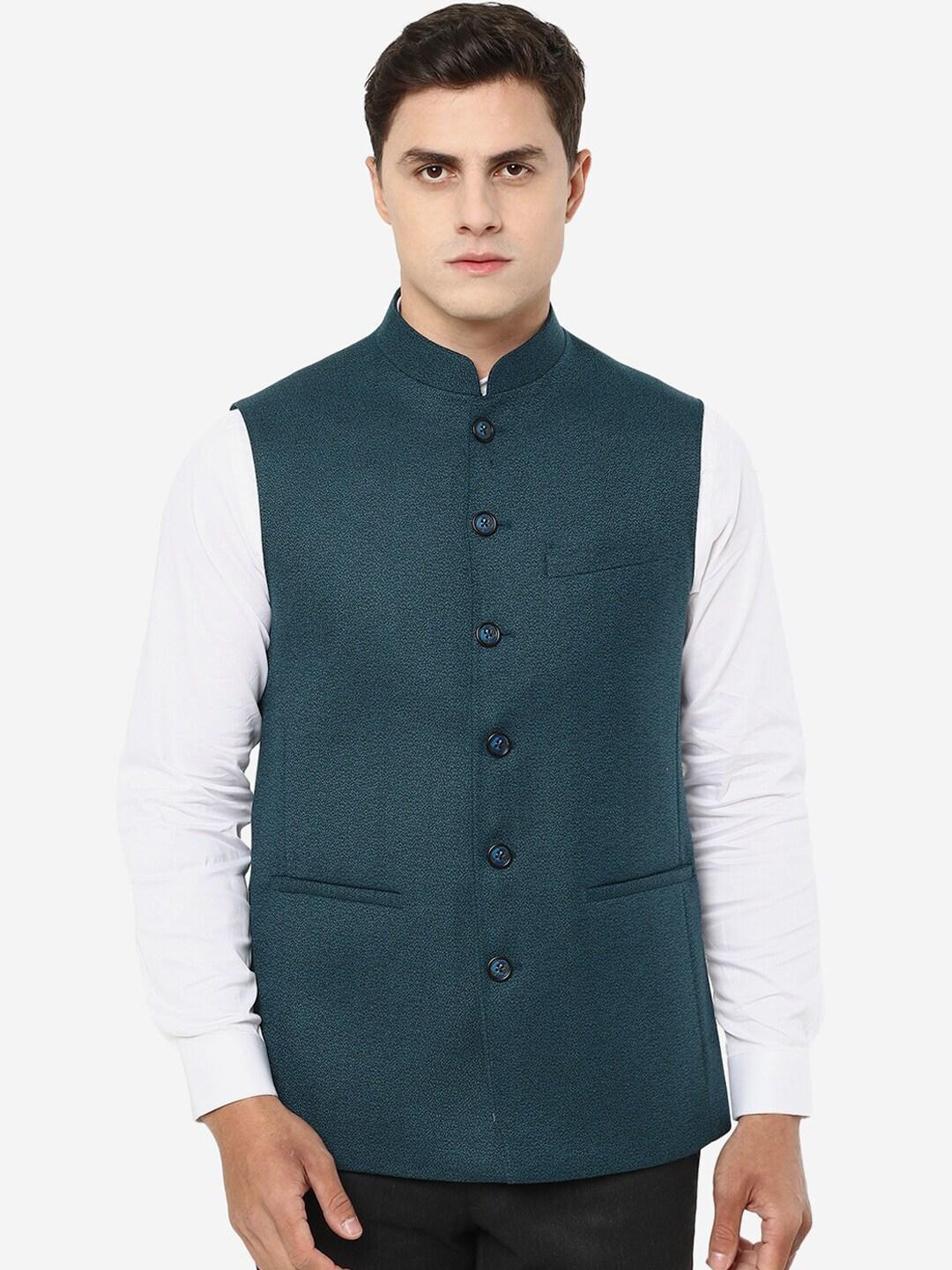 JADE BLUE Woven Design Woolen Nehru Jacket