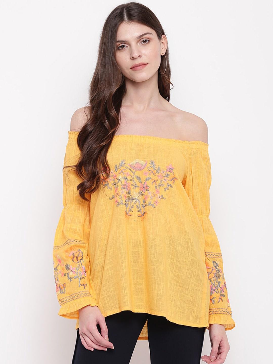Mayra Floral Embroidered Bell Sleeves Off-Shoulder Pure Cotton Bardot Top