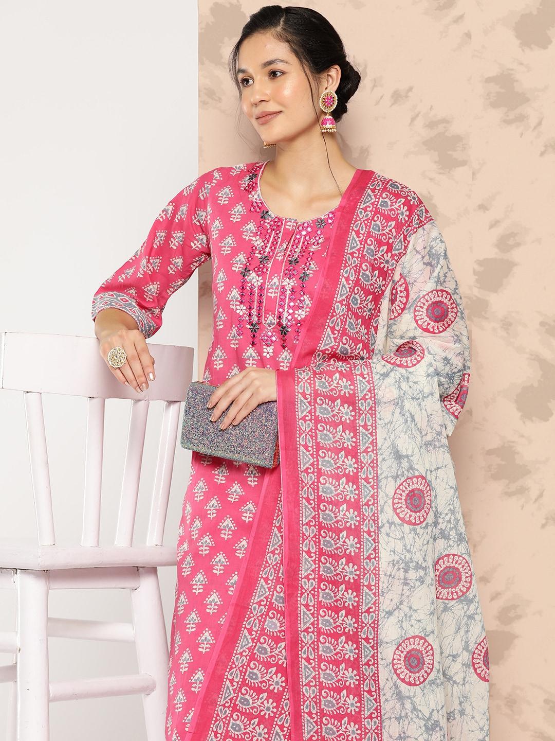 Libas Ethnic Motifs Printed Mirror Work Pure Cotton Kurta with Trousers & With Dupatta