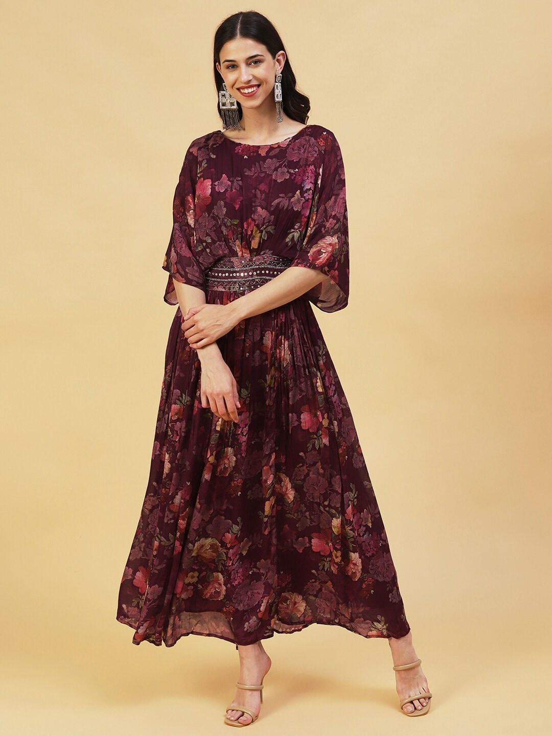 FASHOR Floral Printed Maxi Dress With Sequinned Embellished