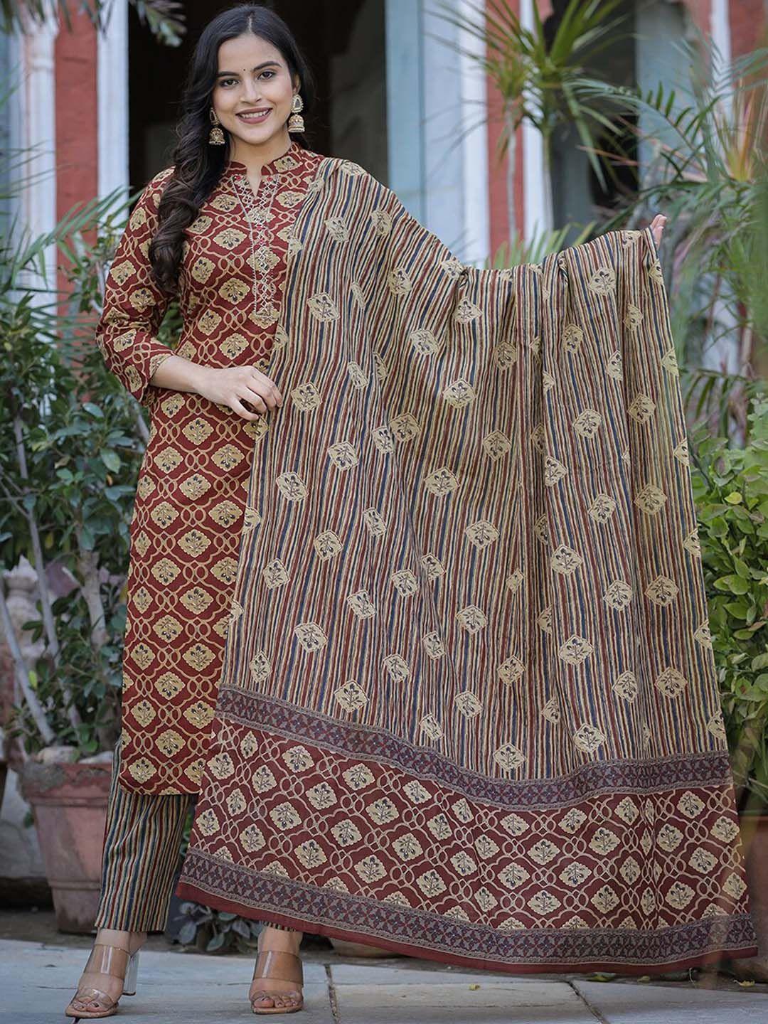 KAAJH Mandarin Collar Ethnic Motifs Printed Pure Cotton Kurta With Trousers & Dupatta