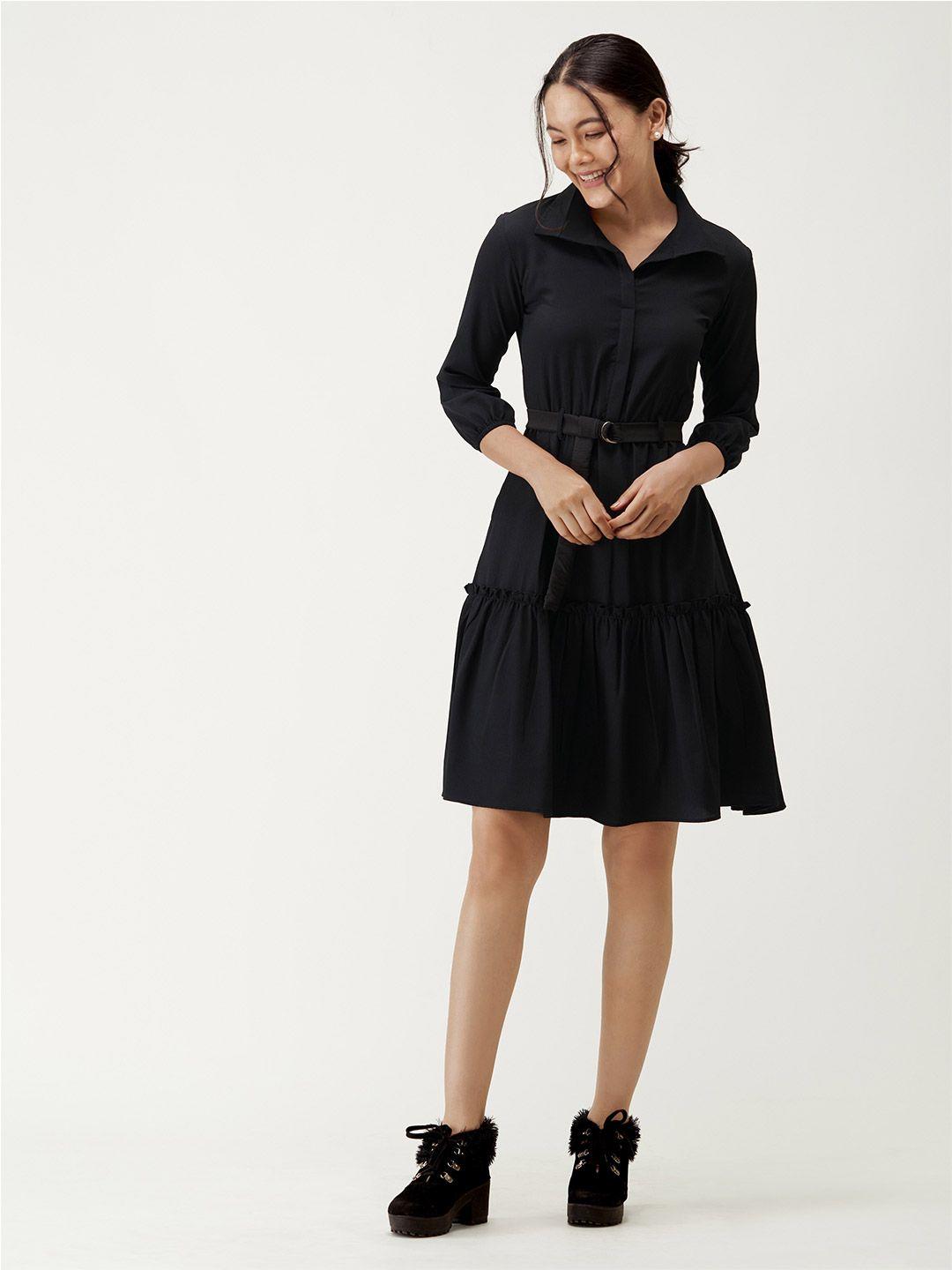AASK Puff Sleeves Crepe Fit & Flare Dress