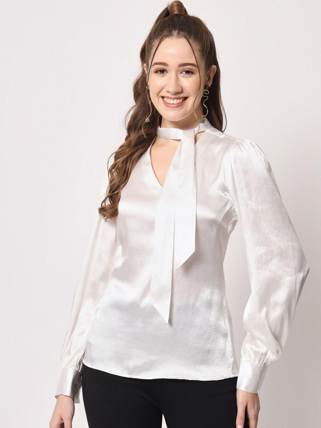 CHARMGAL Tie-Up Neck Cuffed Sleeves Satin Top