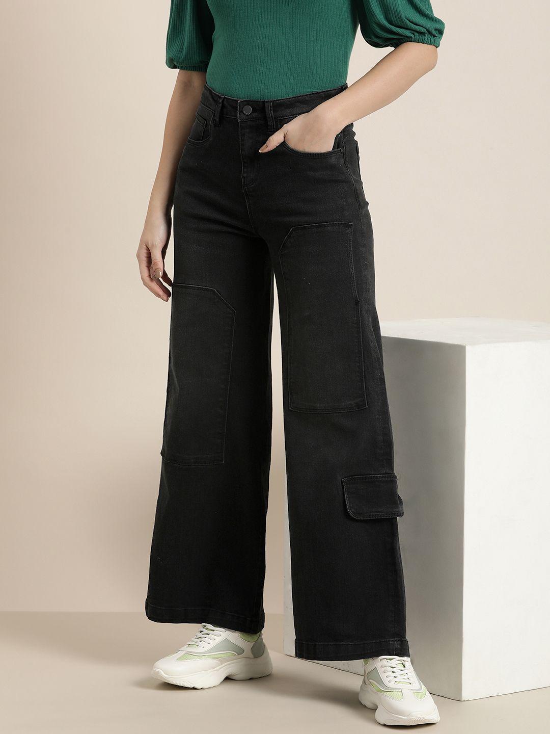 HERE&NOW Women Wide Leg Light Fade Stretchable Mid-Rise Jeans