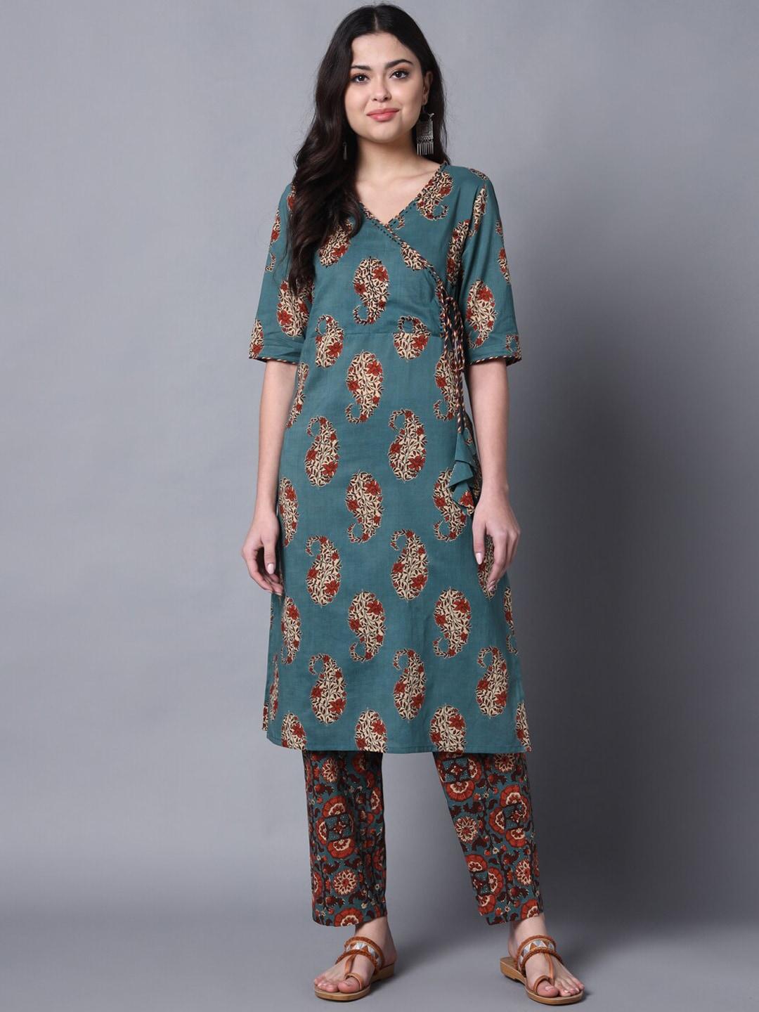 DECKEDUP Paisley Printed Angrakha Sequinned Pure Cotton Kurta with Trousers