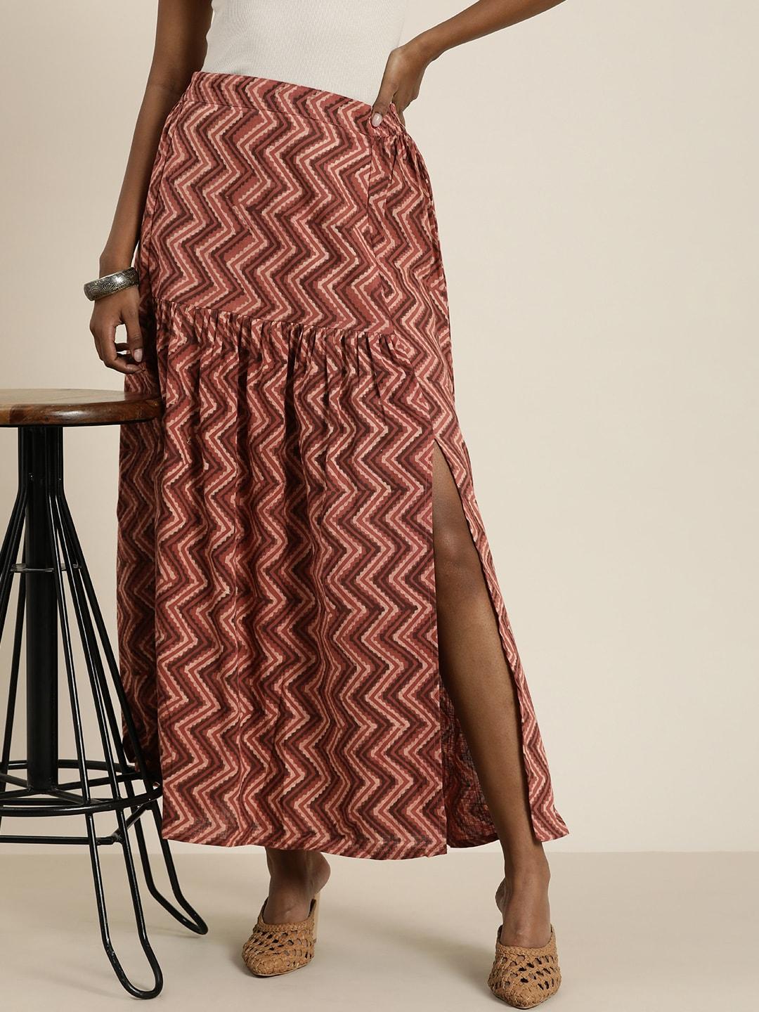 Taavi Women Bagru Chevron Printed Pure Cotton A-Line High-Slit Skirt