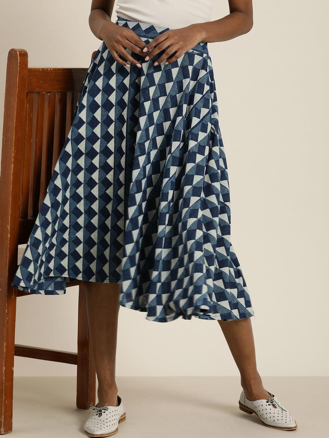 Taavi Women Indigo Geometric Printed Pure Cotton A-Line Midi Skirt