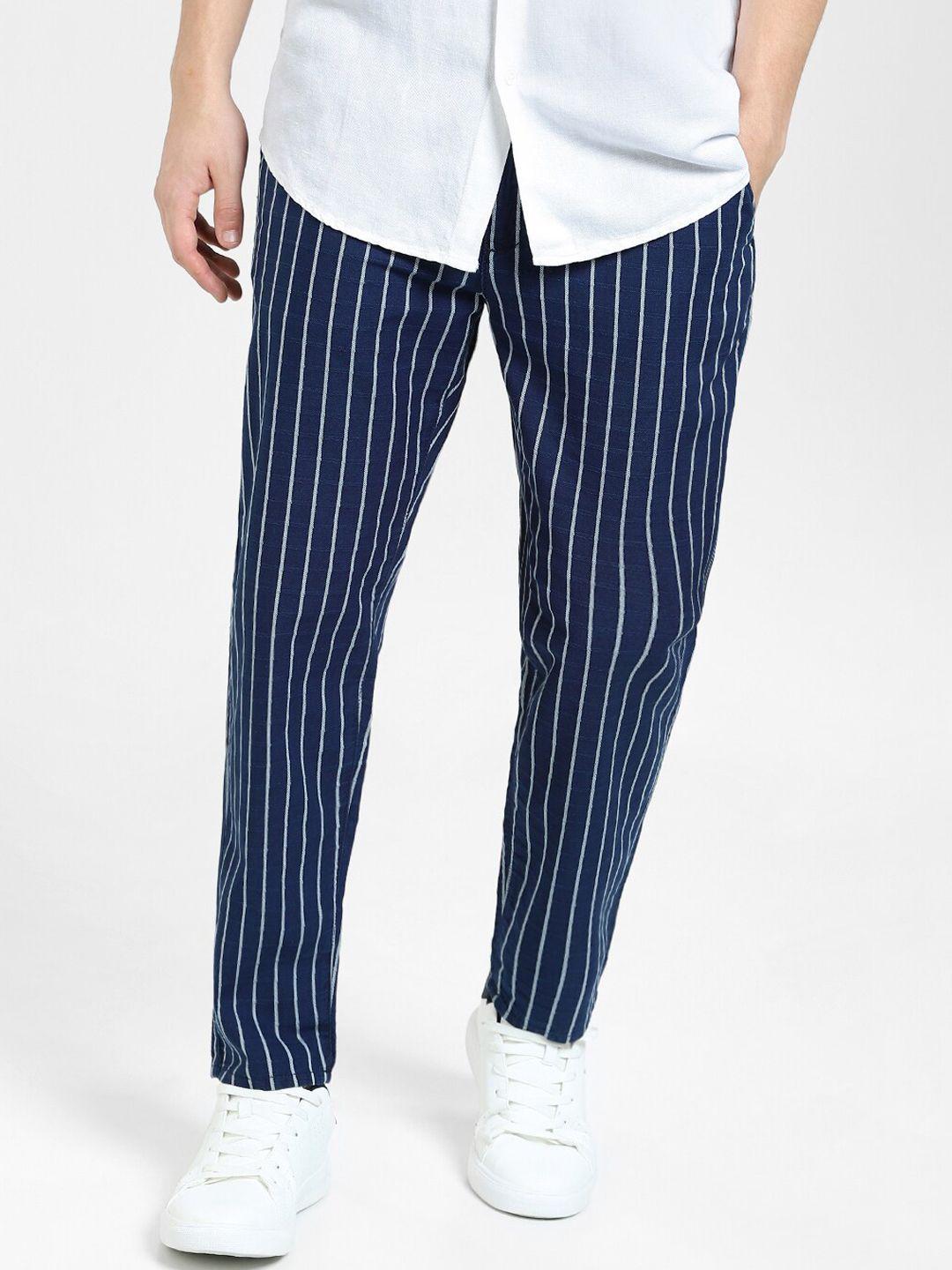 Jack & Jones Men Navy Blue Striped Trousers