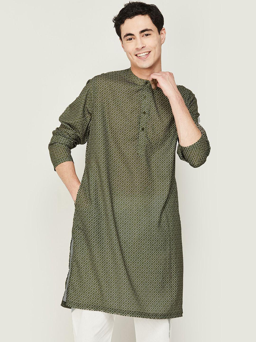 melange-by-lifestyle-mandarin-collar-geometric-printed-cotton-kurta