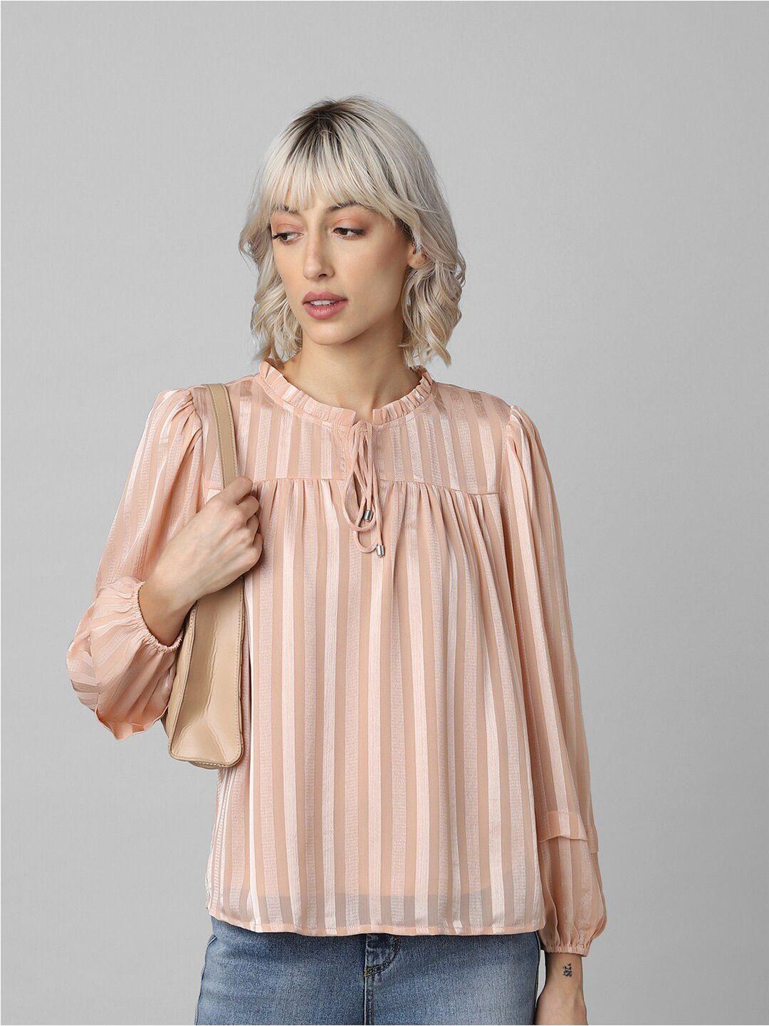only-tie-up-neck-striped-cuffed-sleeves-top