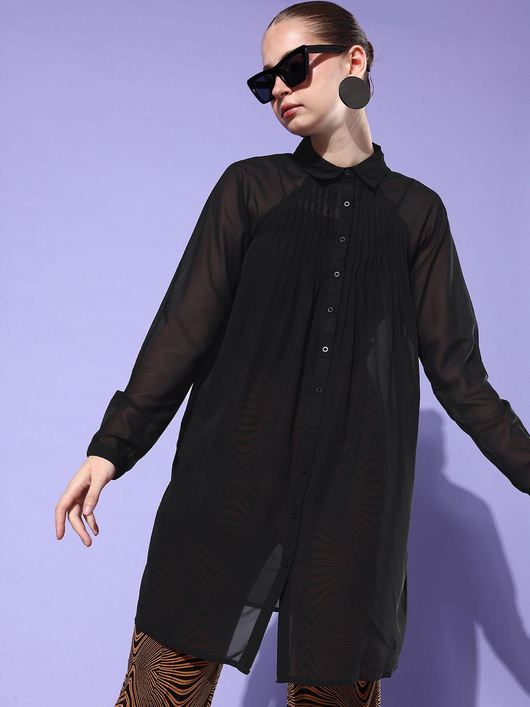 The Roadster Life Co. Solid Semi Sheer Longline Casual Shirt