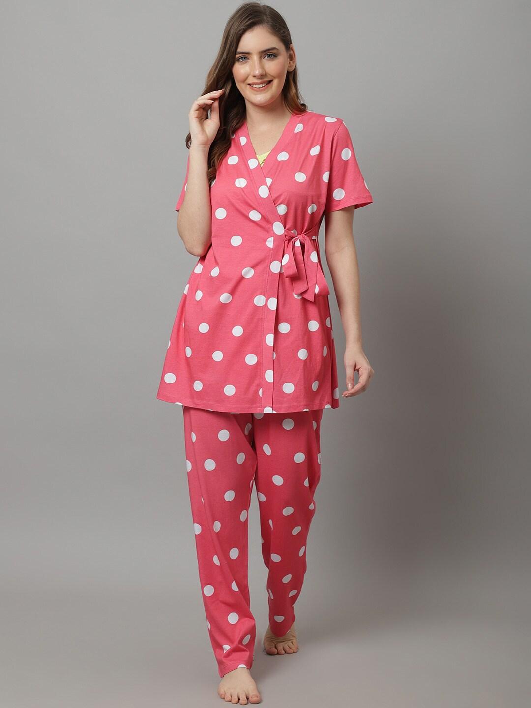 Kanvin 3 Piece Polka Dots Printed Night Suit With Robe