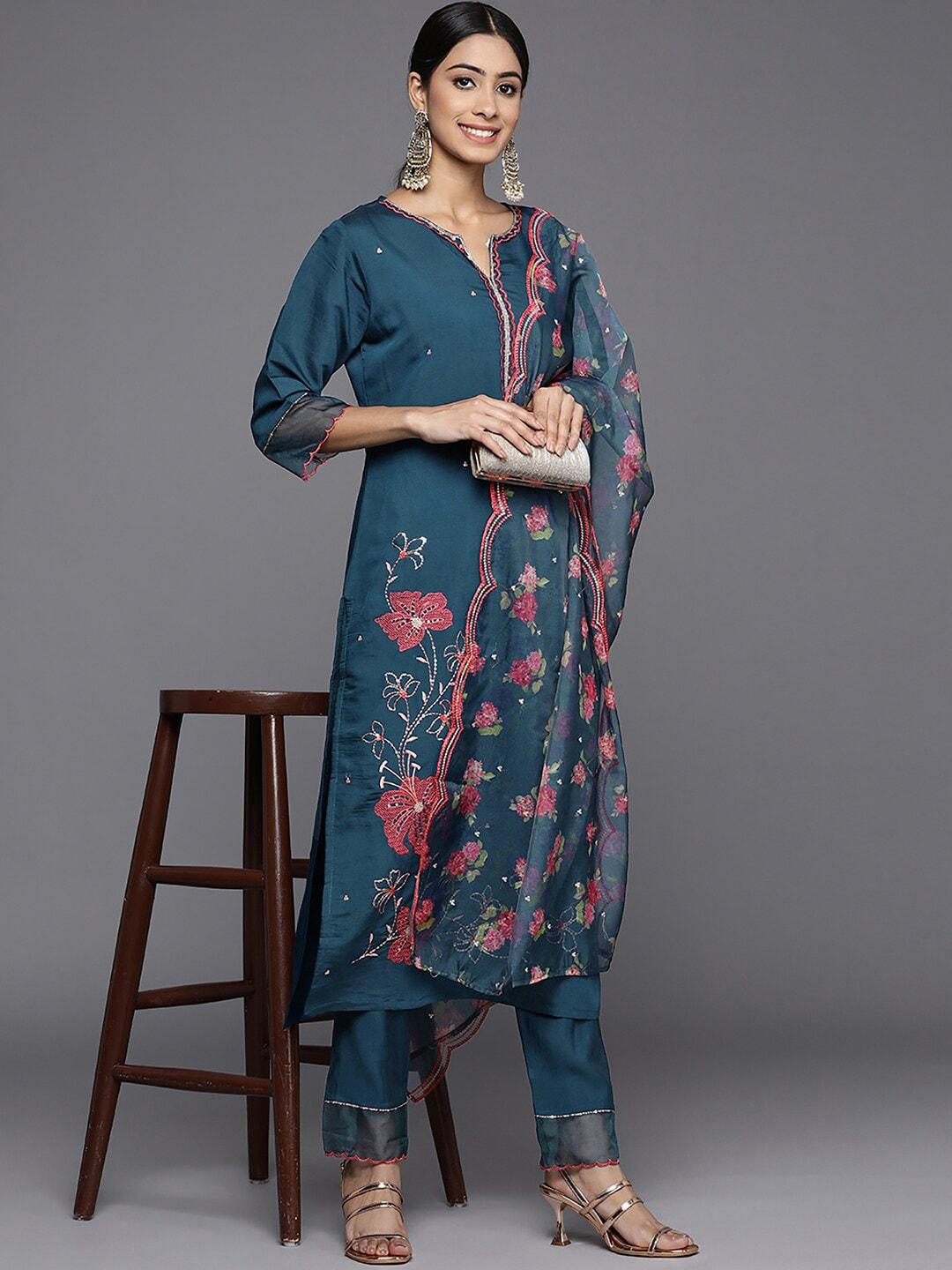 Indo Era Floral Embroidered Sequinned Kurta With Trousers & Dupatta
