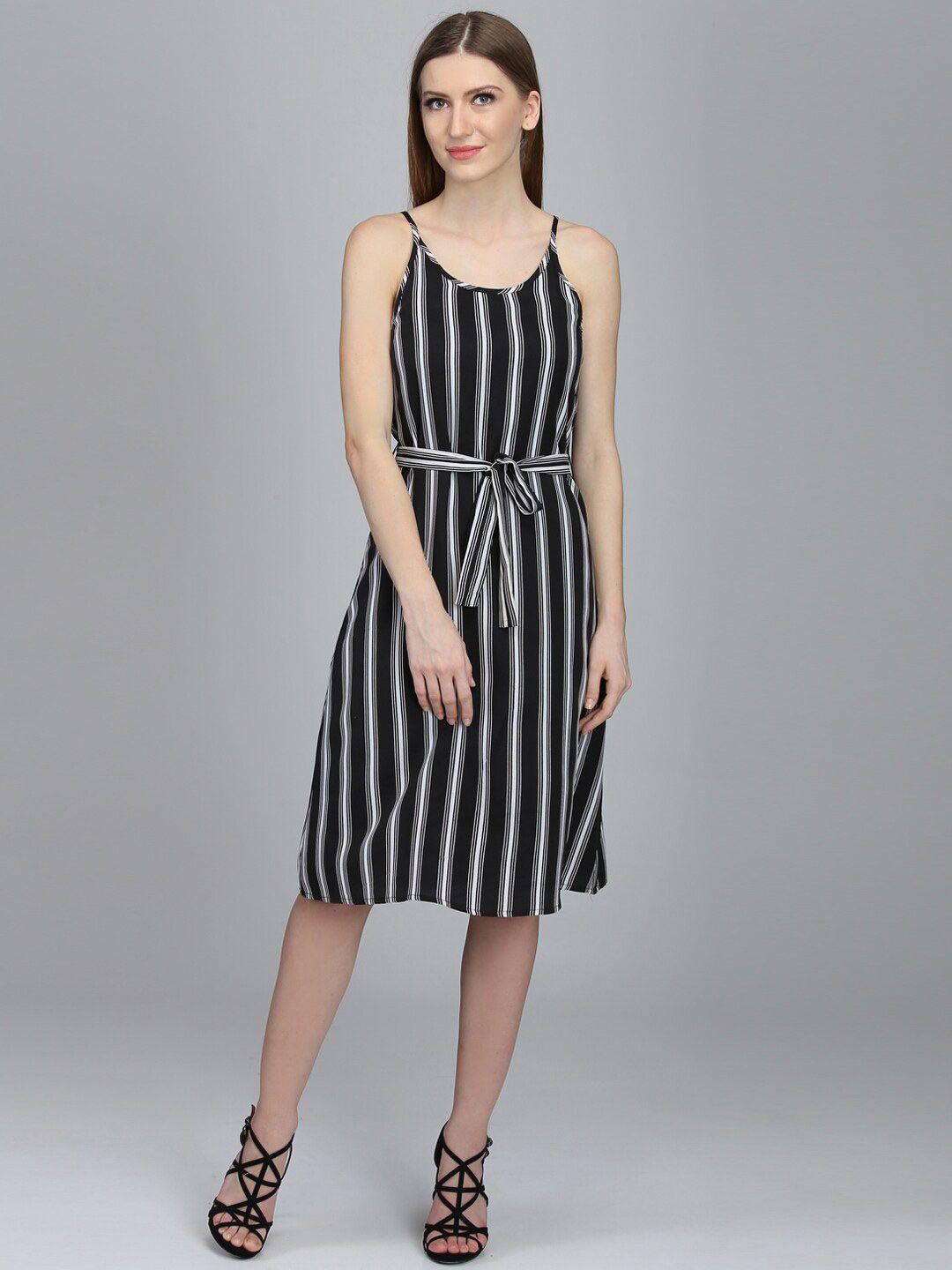 DODO & MOA Striped Shoulder Strap Belted A-Line Dress