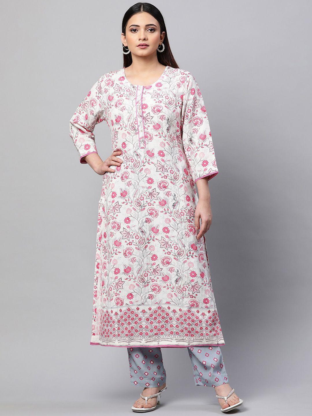 Linen Club Woman Floral Printed A-Line Linen Kurta with Trousers
