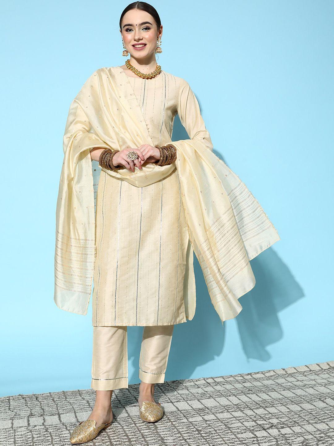 Ishin Striped Zari Detail Straight Kurta with Trousers & Dupatta