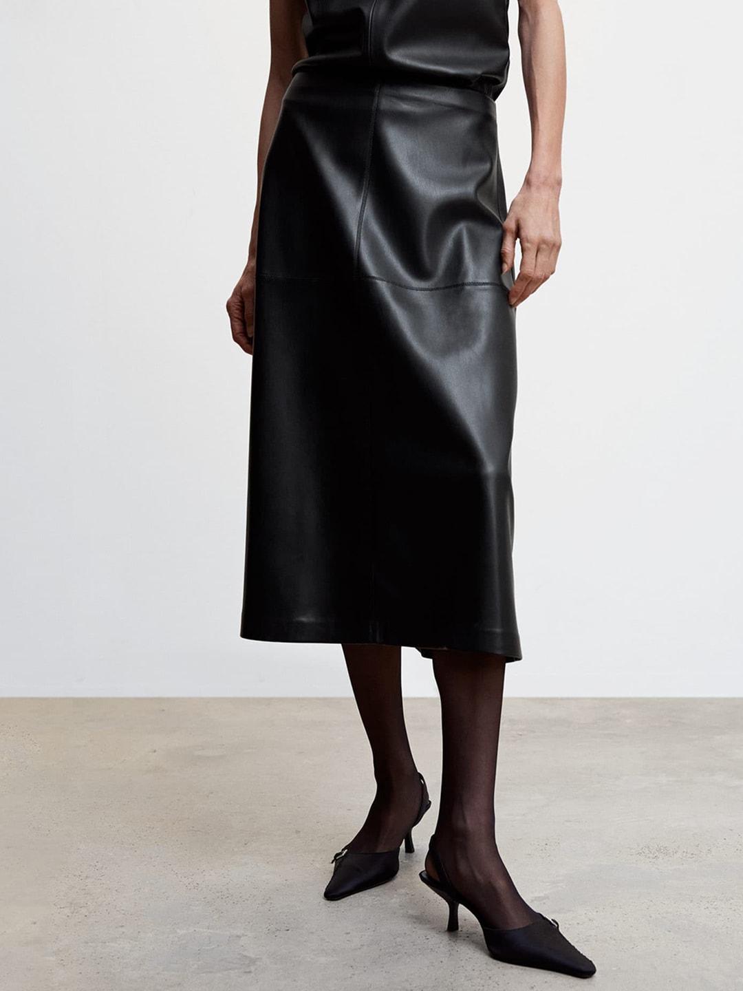 MANGO Faux-Leather A-Line Midi Skirt