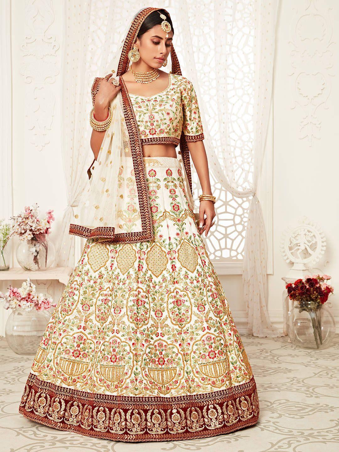 FABPIXEL Floral Embroidered Beads and Stones Semi-Stitched Lehenga Choli With Dupatta