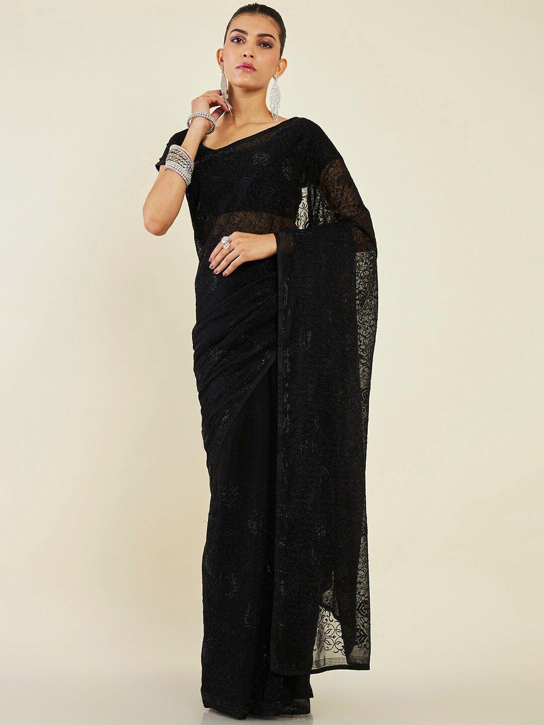 Soch Black Embroidered Pure Chiffon Saree