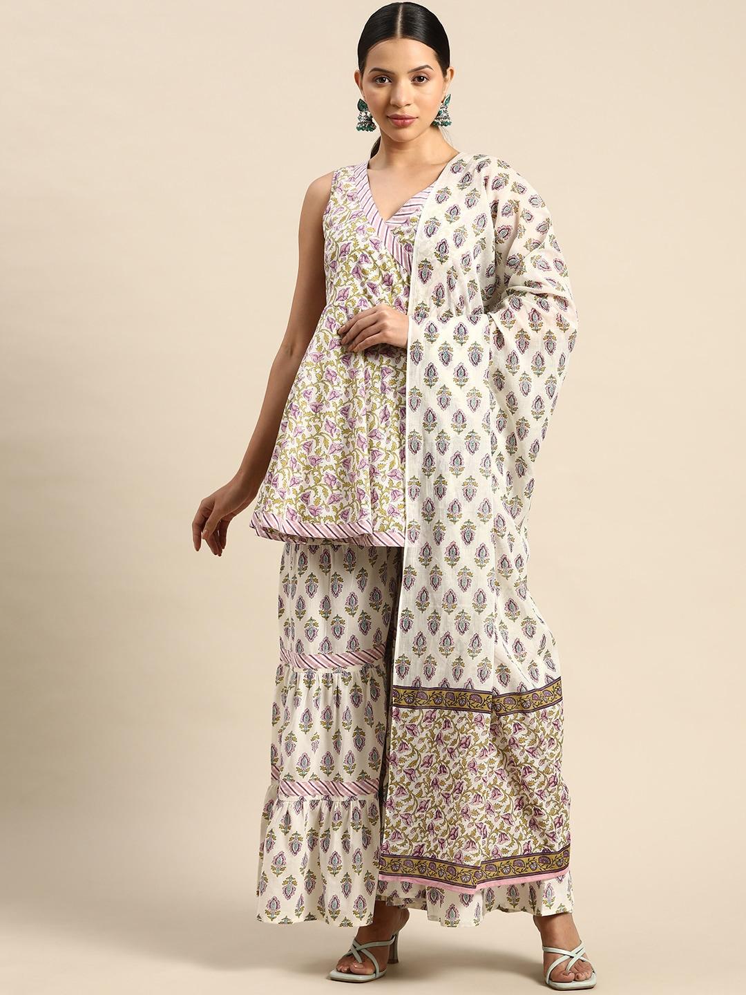 anayna Floral Printed Angrakha Pure Cotton Top with Sharara & With Dupatta
