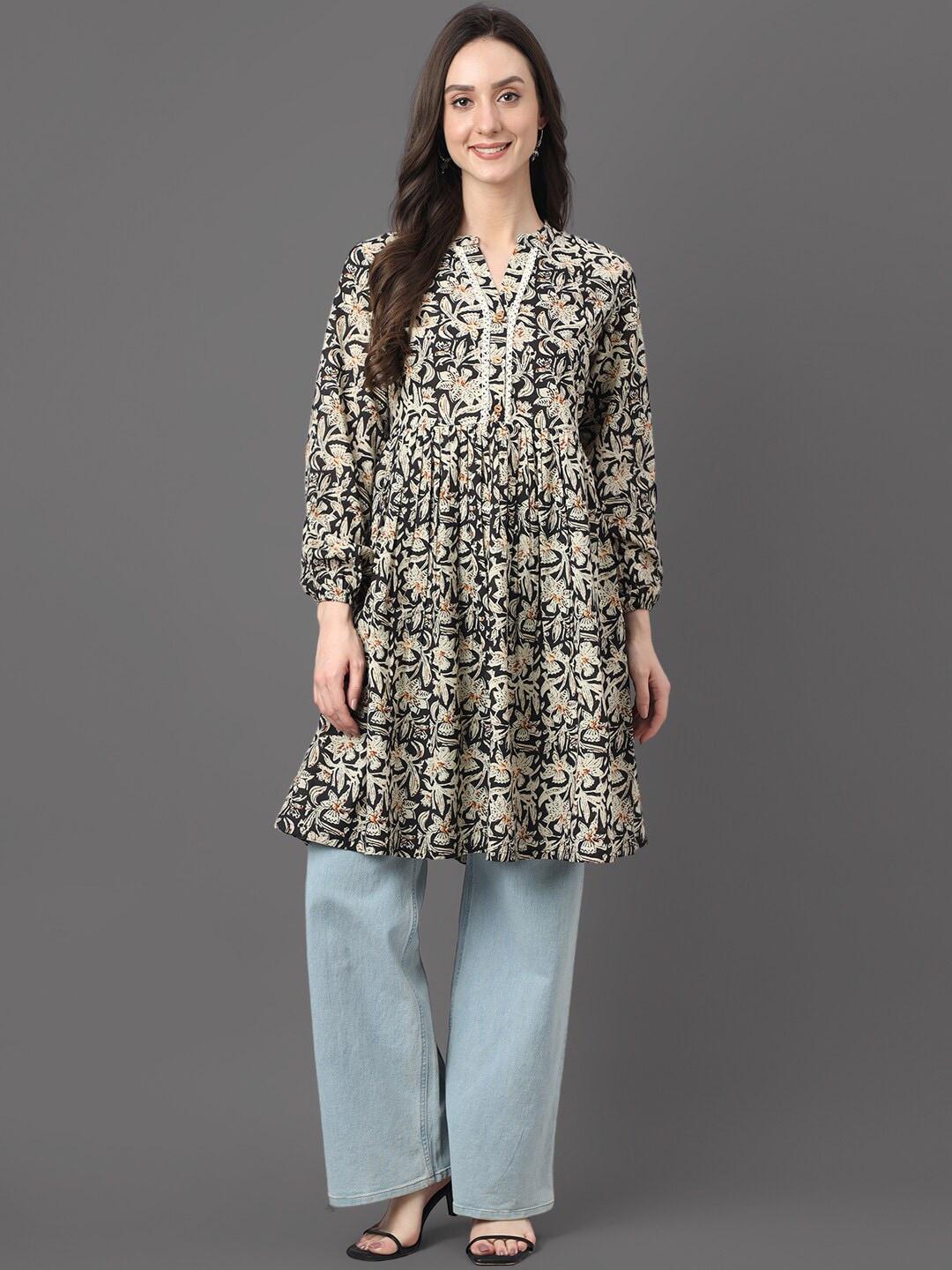 Janasya Floral Printed Mandarin Collar Puff Sleeves Cotton Tunic