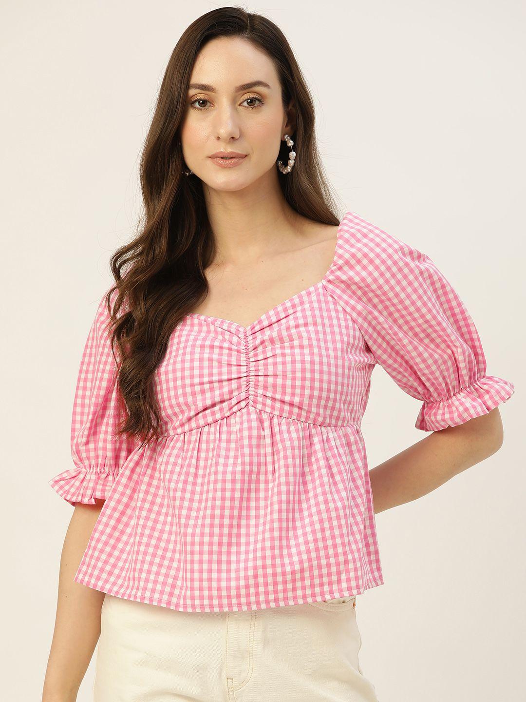 rue-collection-pink-&-white-checked-sweetheart-neck-blouson-top