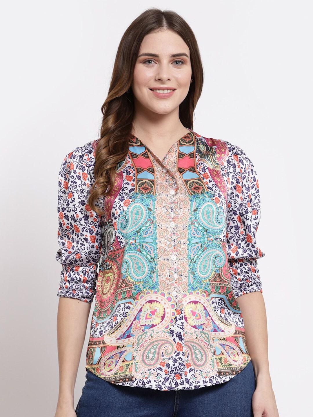 SHAYE Floral Print V-Neck Satin Shirt Style Top