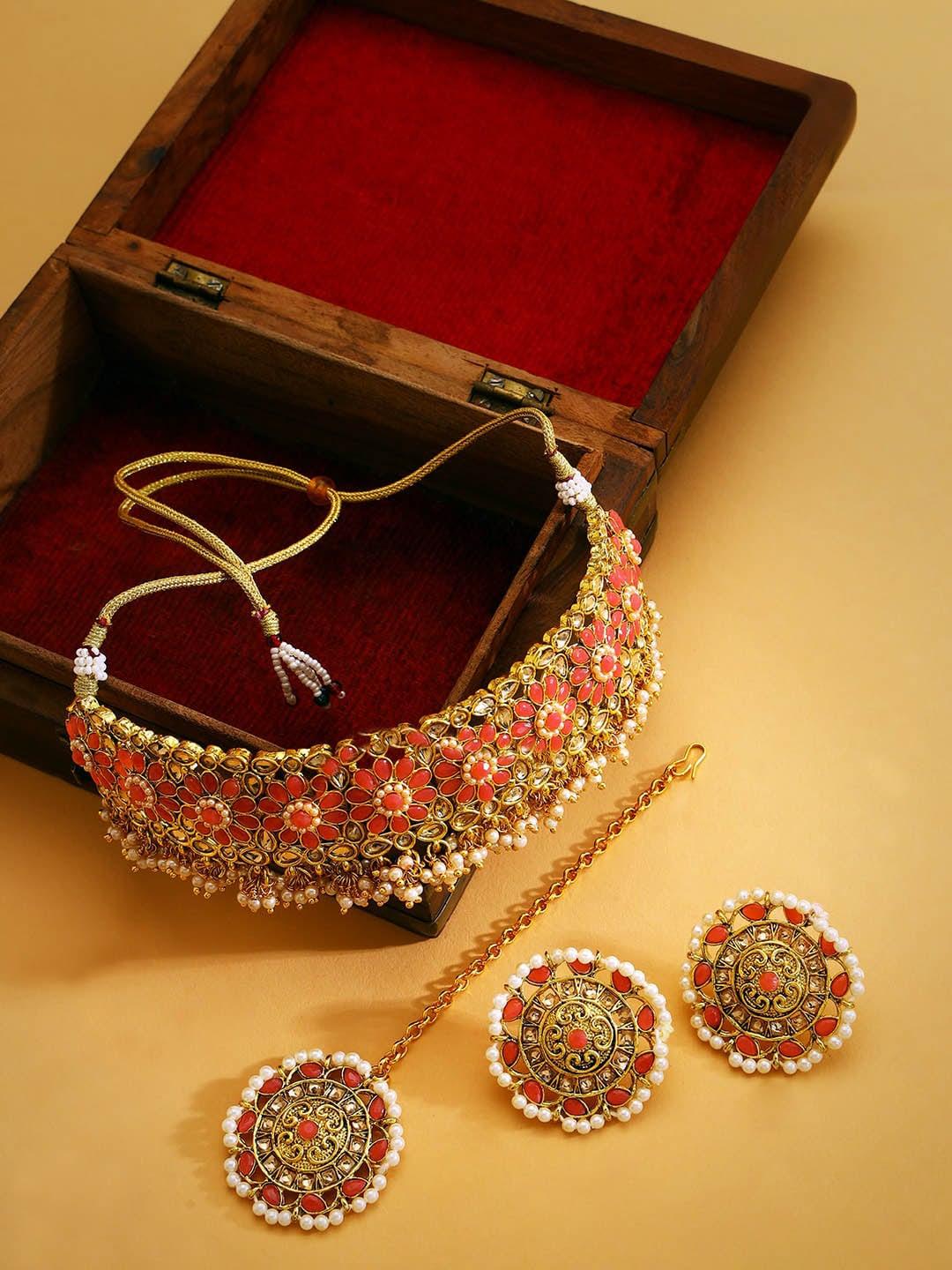 Jazz and Sizzle Gold-Plated Kundan-Studded & Beaded Necklace and Earrings With MaangTikka