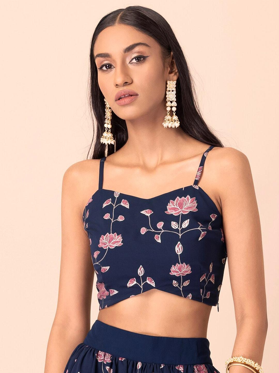 indya-floral-foil-printed-shoulder-strap-crop-top