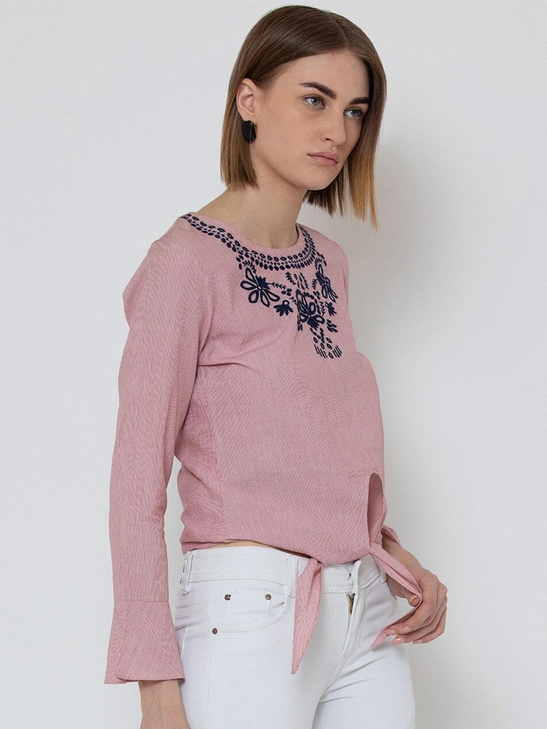 dodo-&-moa-pink-round-neck-embroidered-bell-sleeves-cotton-top