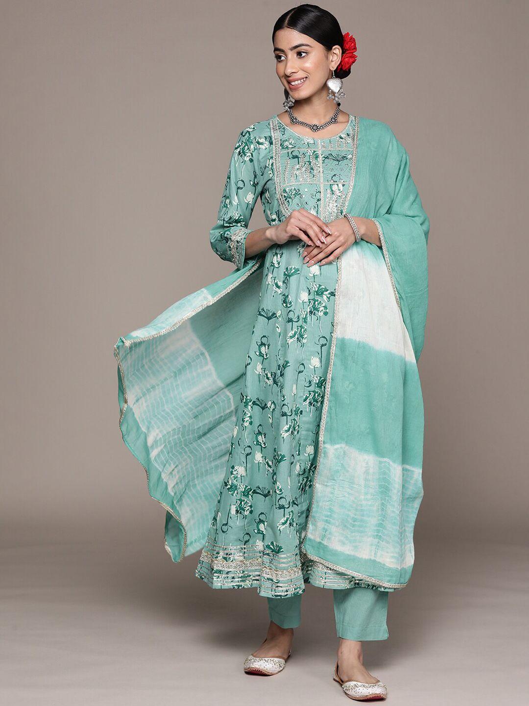 Ishin Floral Printed Zari Mirror Work Anarkali Pure Cotton Kurta with Trousers & Dupatta