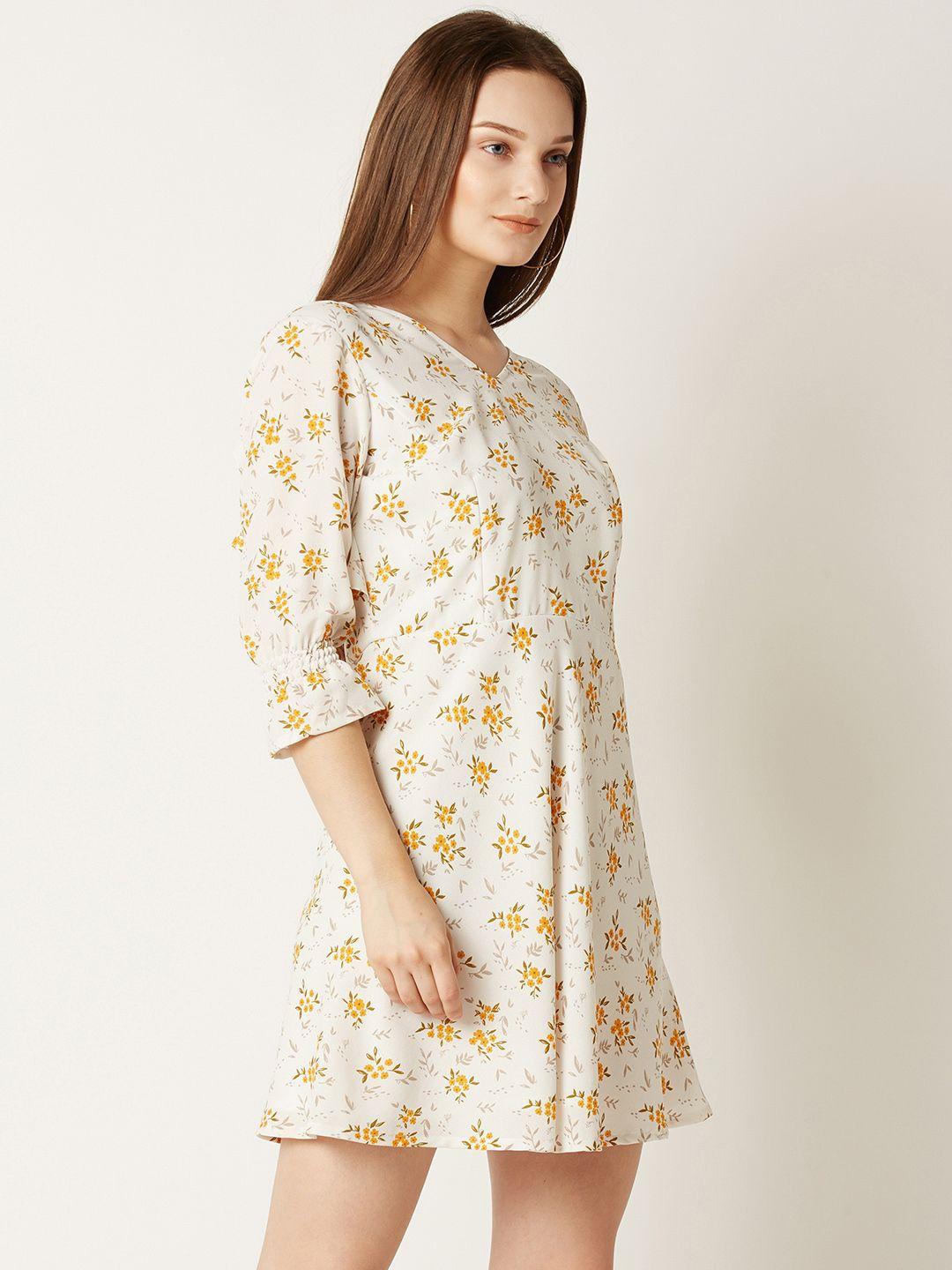 Miss Chase Women Off-White & Yellow Printed Fit & Flare Dress