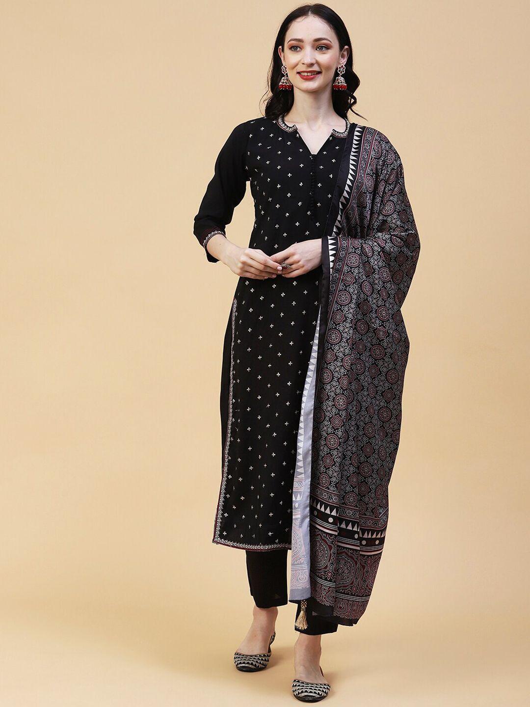 FASHOR Embroidered Sequinned Kurta With Trousers & Dupatta
