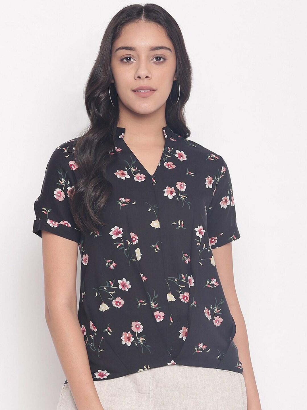 Miss Grace Floral Printed V-Neck Short Sleeves Shirt Style Top