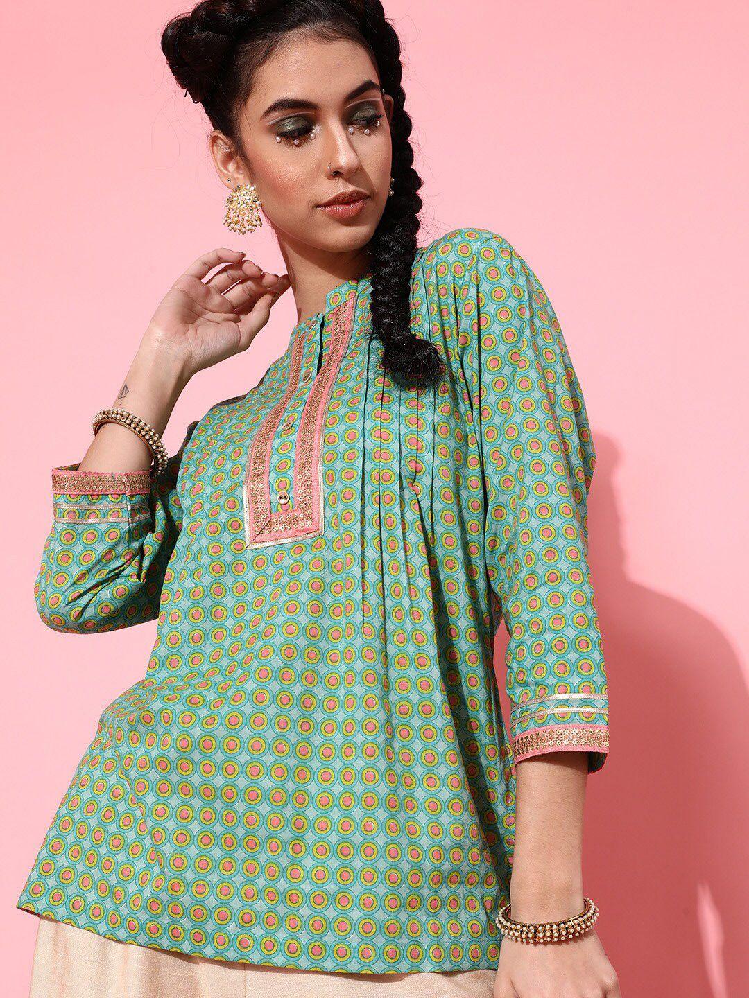indo-street-printed-pleated-mandarin-collar-pure-cotton-kurti