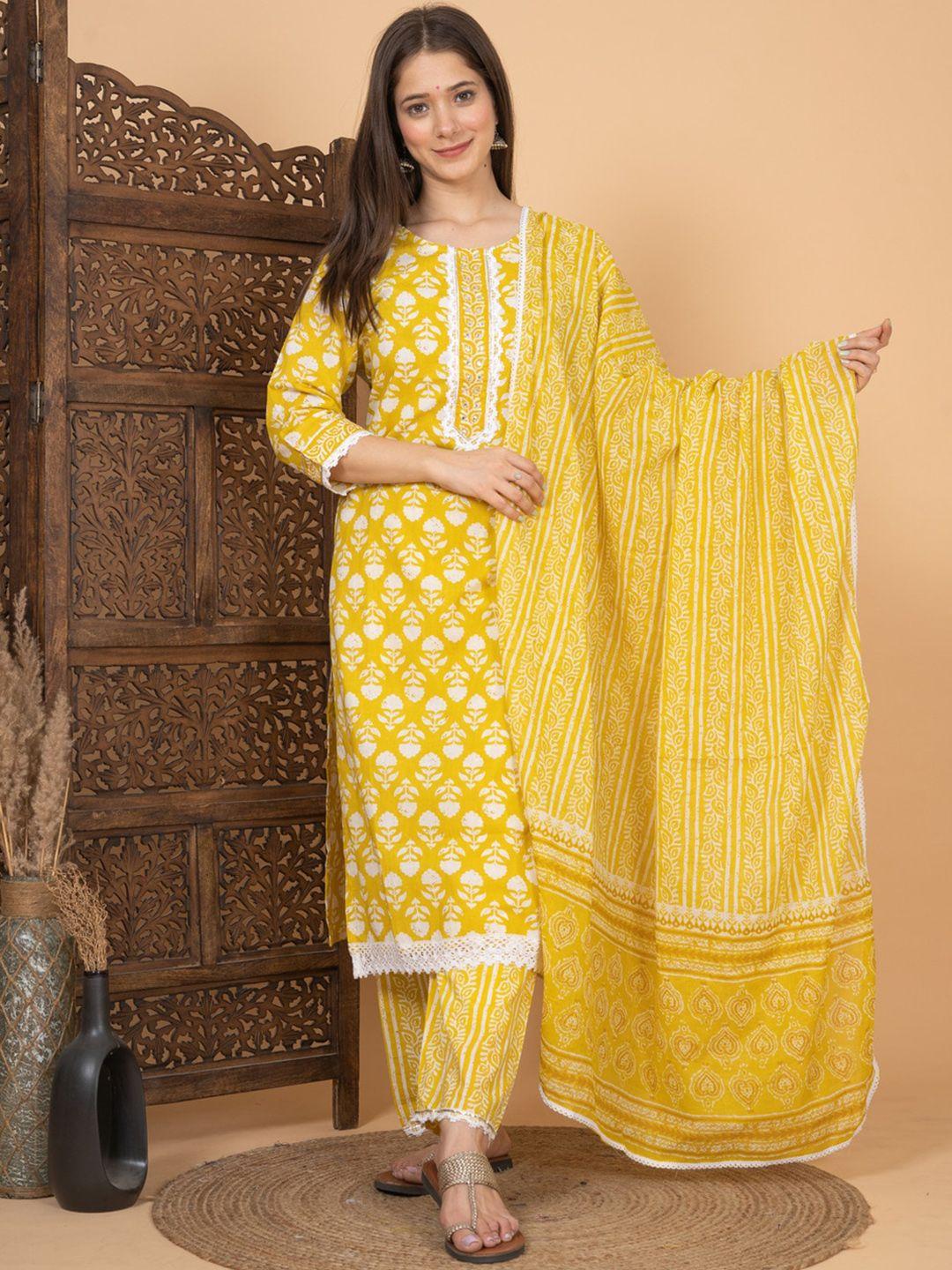 SINGNI Floral Printed Straight Pure Cotton Kurta with Trousers & Dupatta