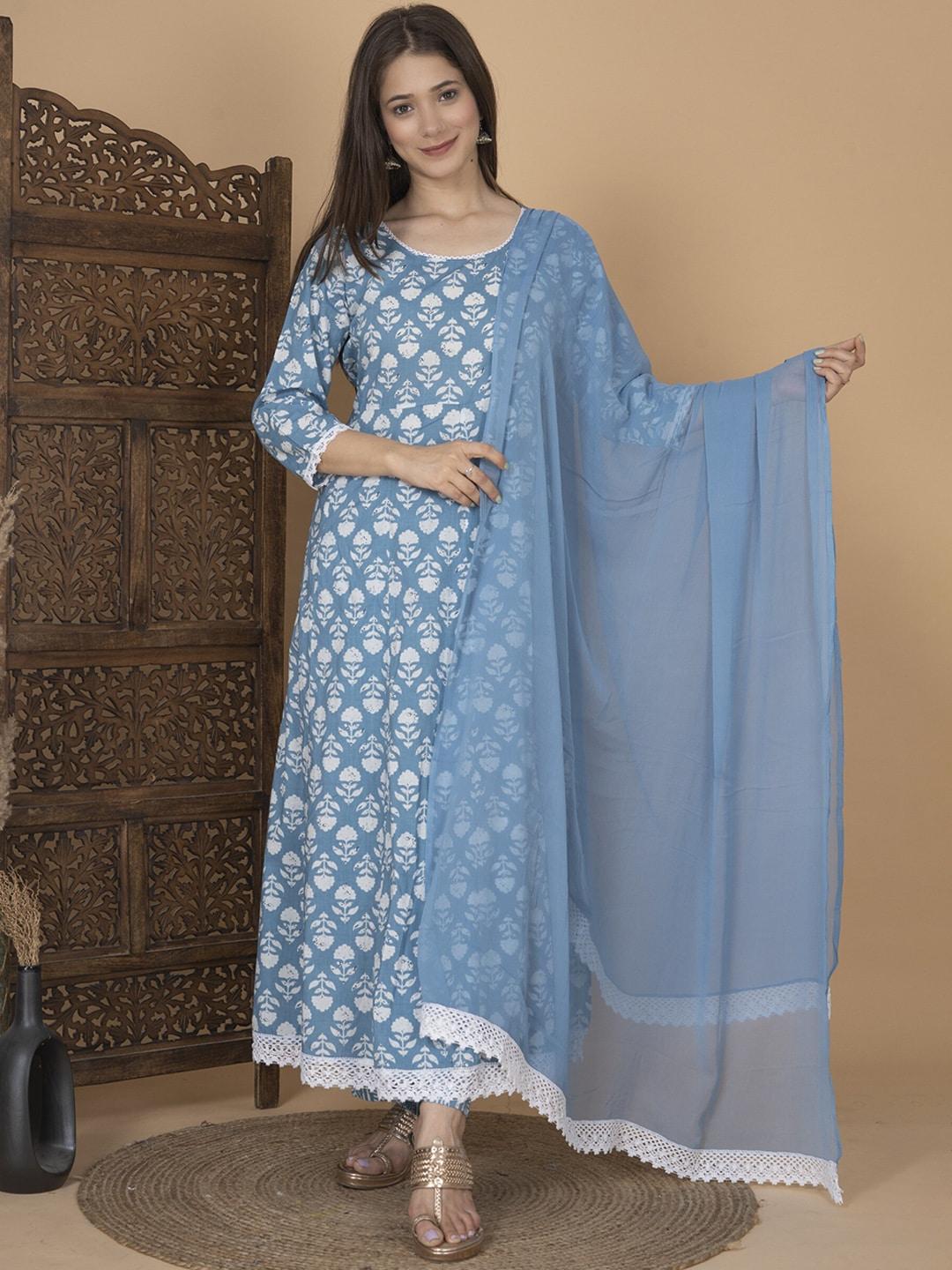 SINGNI Floral Printed Anarkali Pure Cotton Kurta with Trousers & Dupatta
