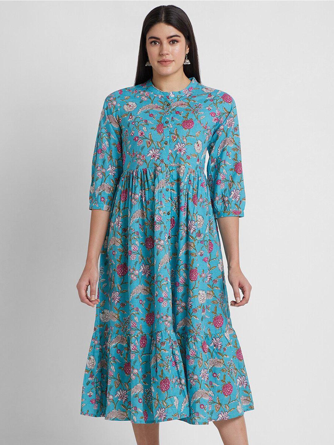 globus-mandarin-collar-floral-printed-gathered-a-line-pure-cotton-midi-dress