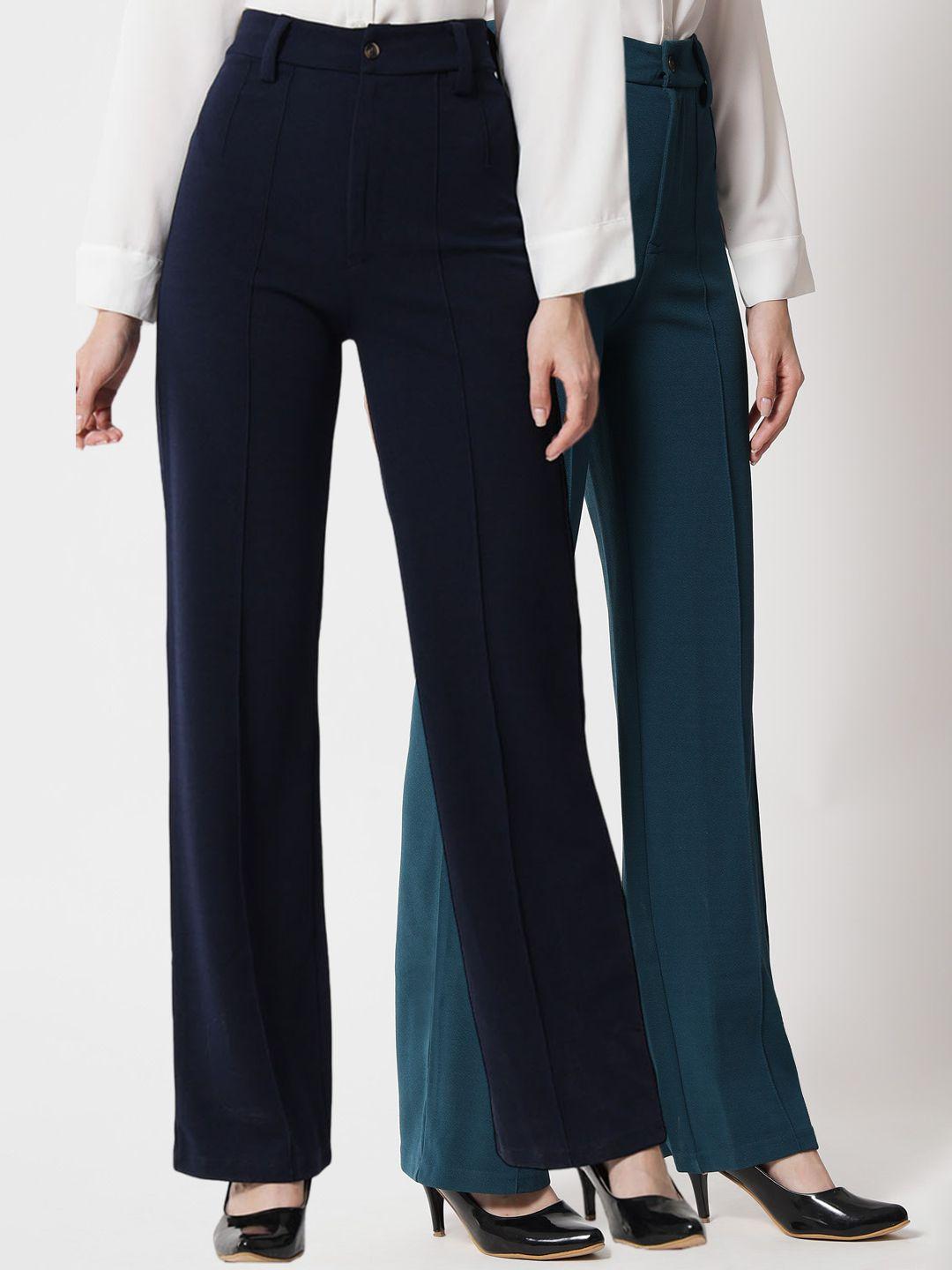 Kotty Women Pack Of 2 Relaxed Straight Fit High-Rise Easy Wash Parallel Trousers