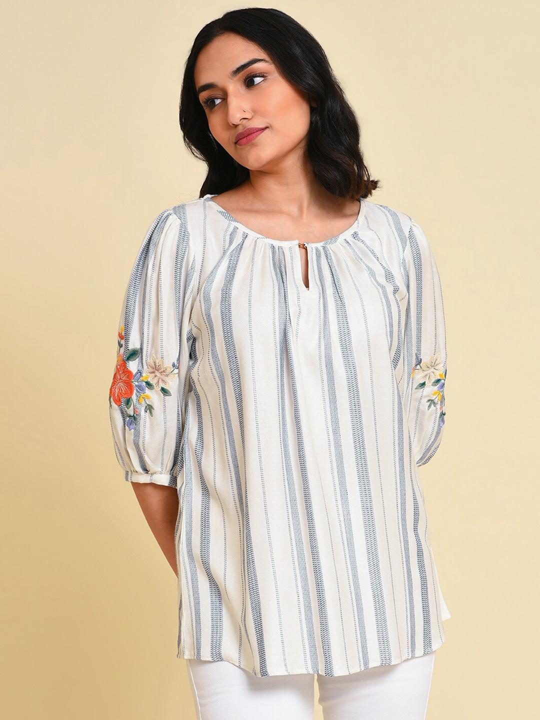 W Striped Keyhole Neck Embroidered Regular Top