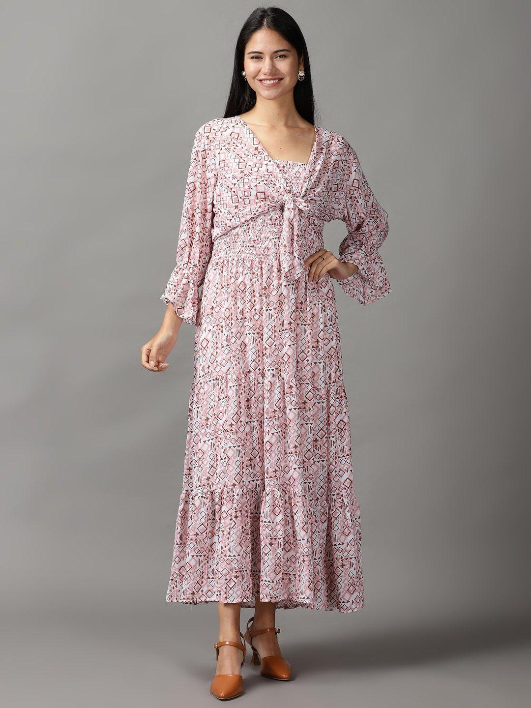 showoff-geometric-printed-smocked-fit-&-flare-maxi-dress-with-shrug