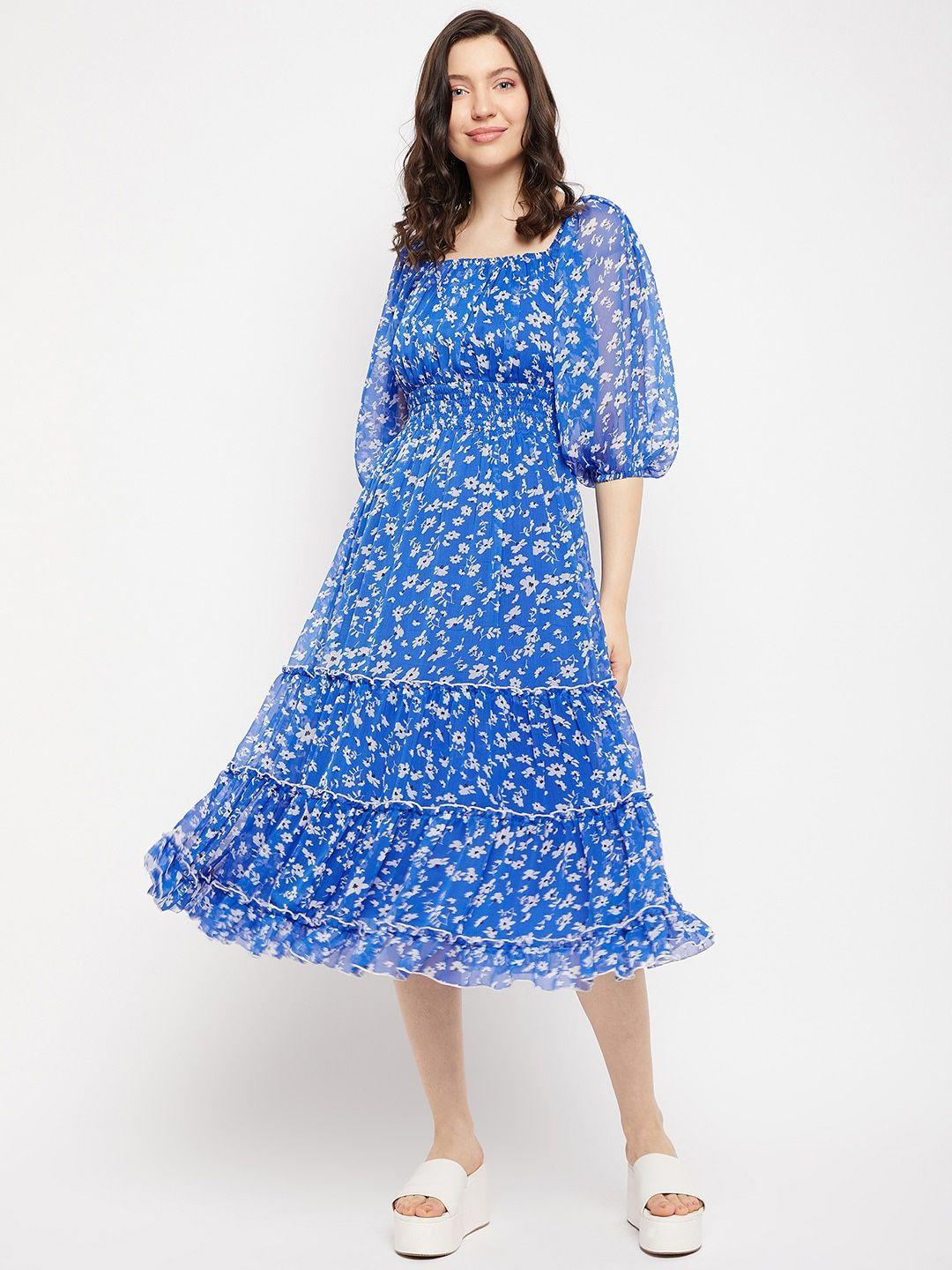 Antheaa Square Neck Floral Printed Smocked Tiered Chiffon Fit & Flare Midi Dress