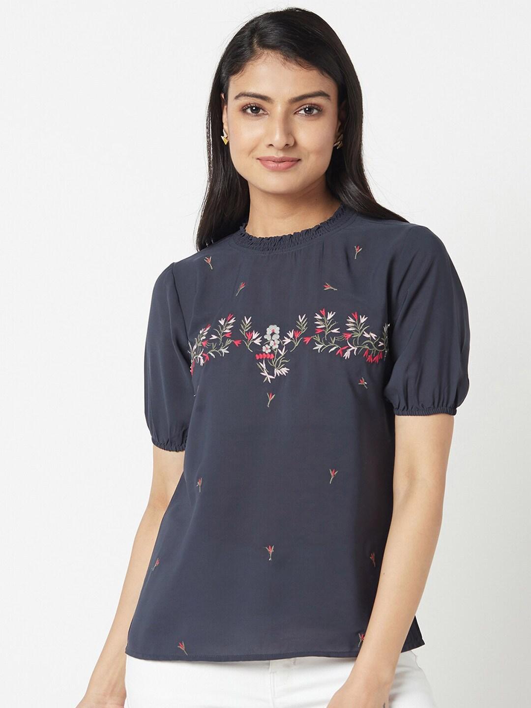 Miss Grace Floral Embroidered Puff Sleeves Smocked Top