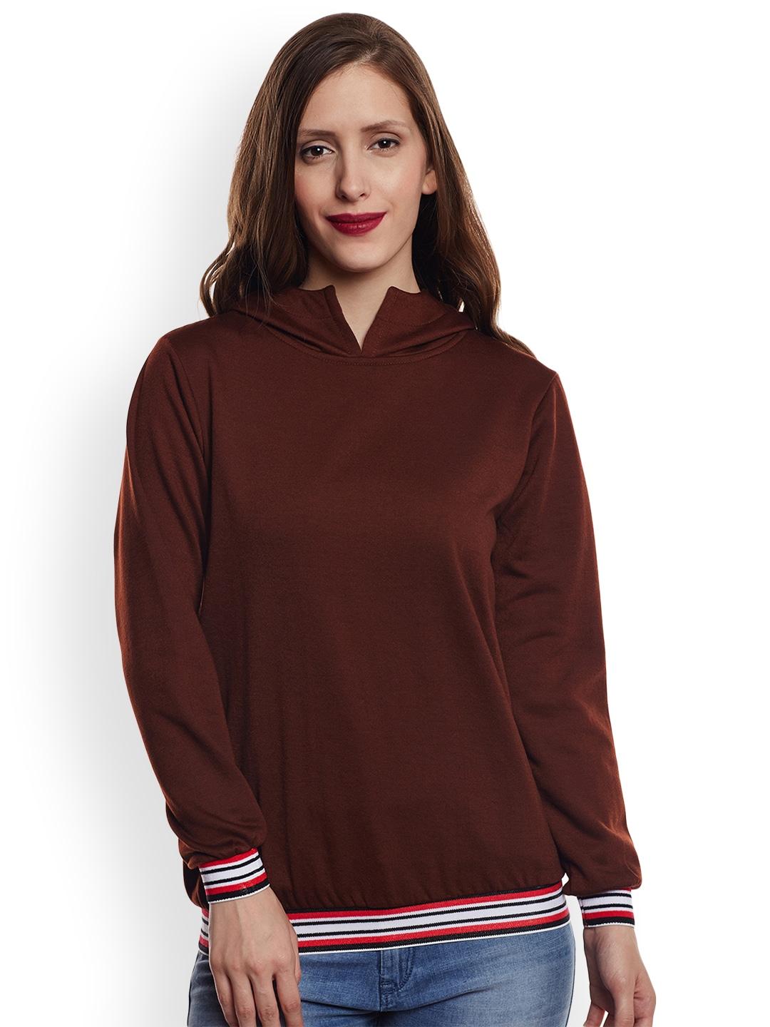 Belle Fille Women Brown Solid Hooded Sweatshirt
